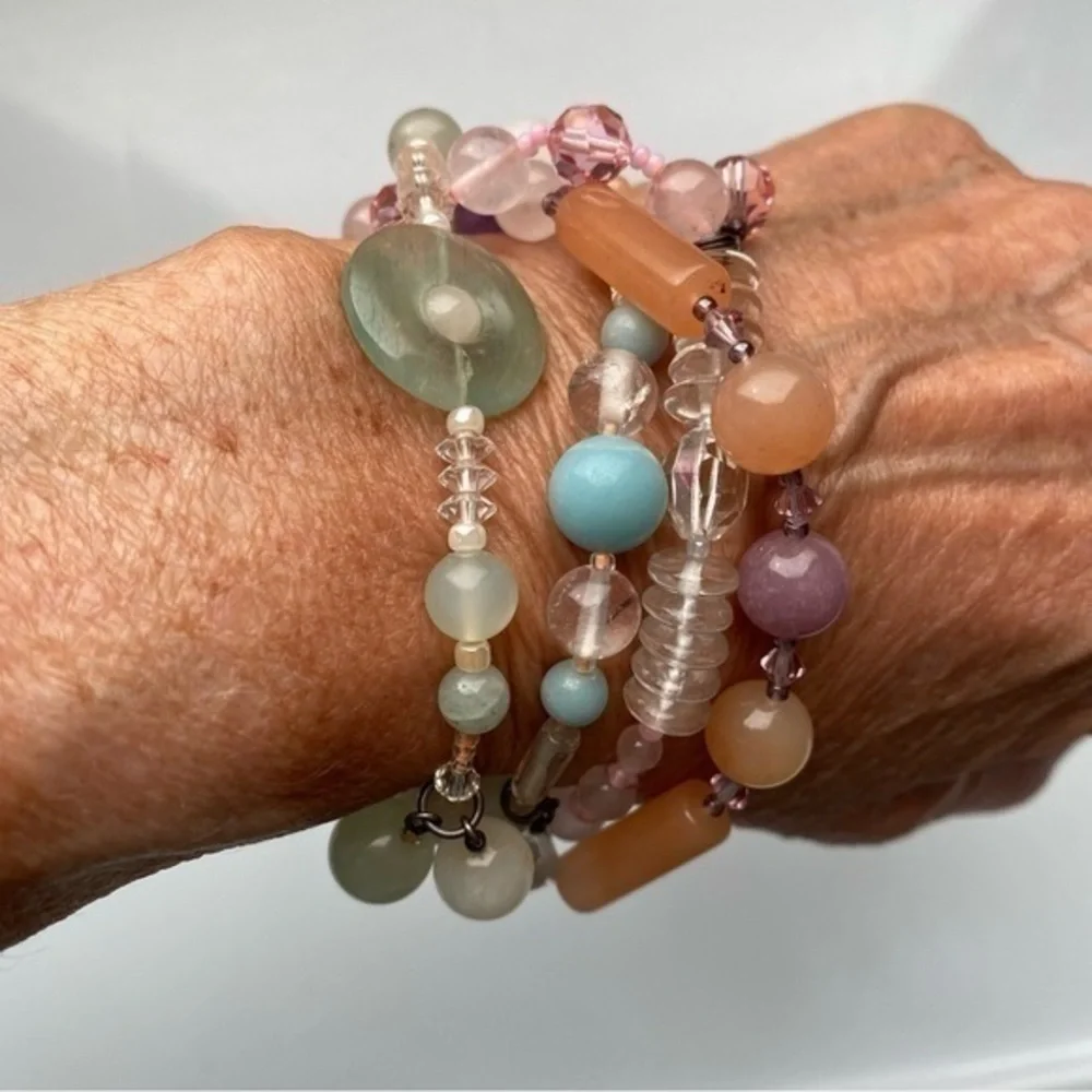 Vintage Boho Pink Gemstone Crystal Beaded Layered Bracelet